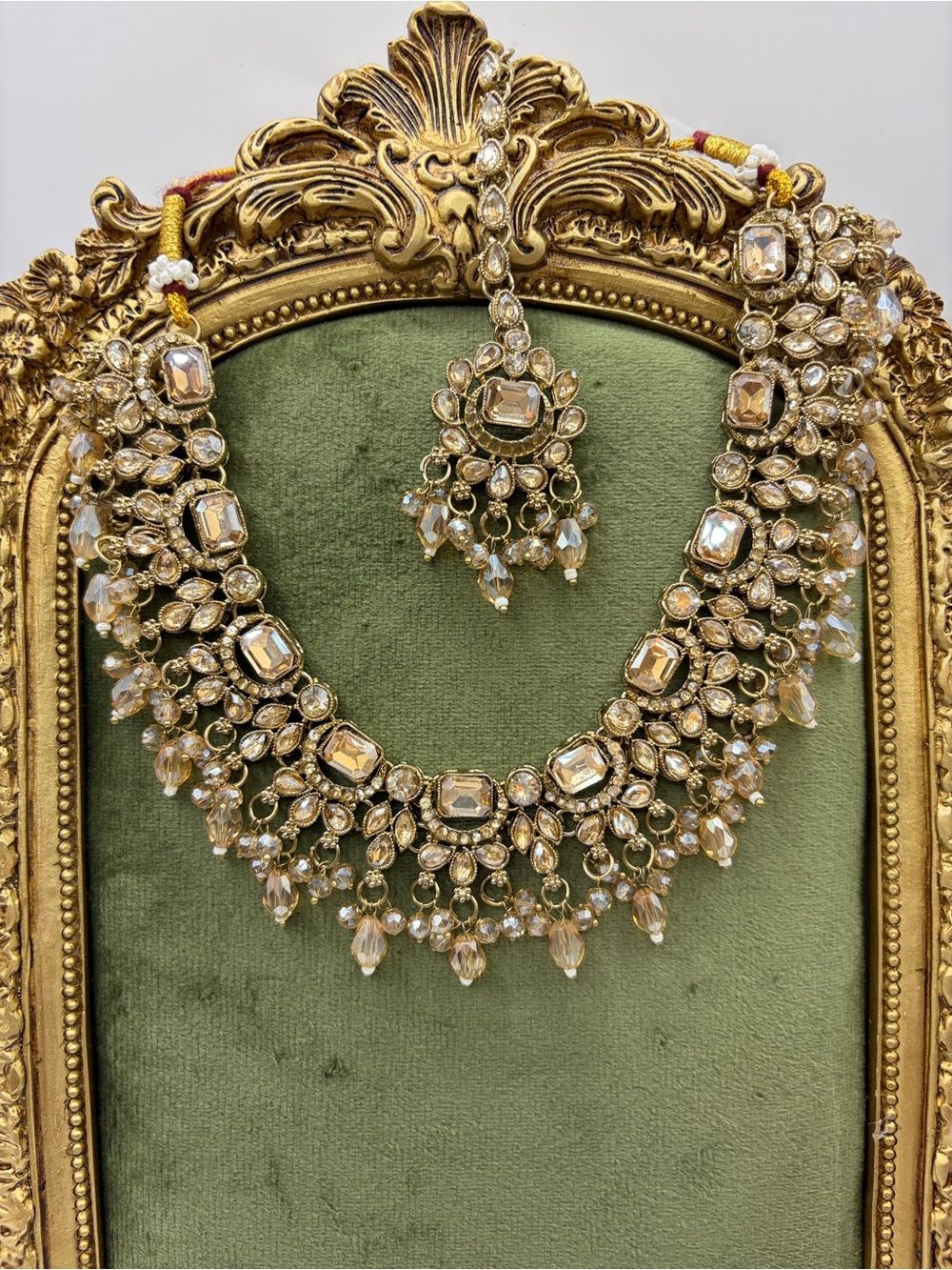Kundan Gold Champagne Color Crystal Stone  Necklace and Earrings Maang Tikka Set
